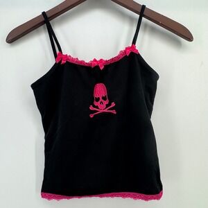 Romwe Womens XXS Black Pink Skull Crossbones Lace Bow Cami Top Punk Y2K Goth